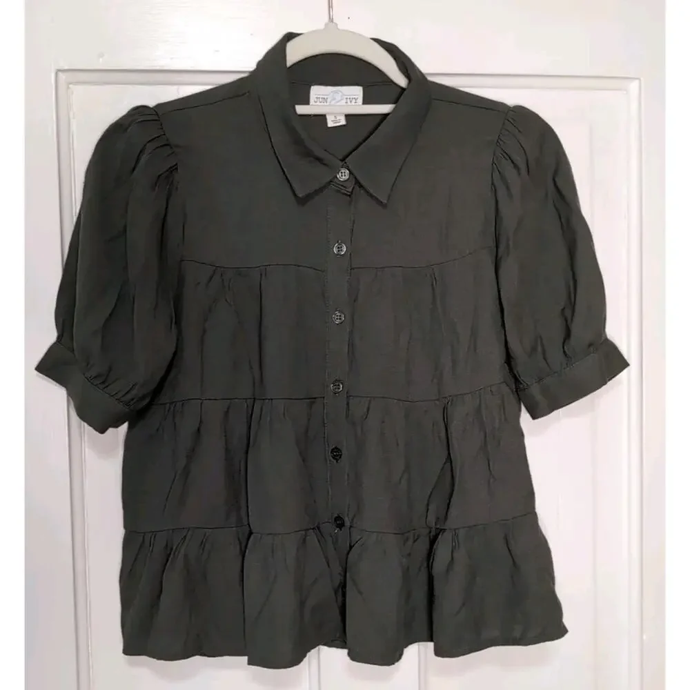 Jun & Ivy Blouse Tiered Ruffle Dainty Button Up Army Green Women's S Y2K (1206) - Picture 1 of 5